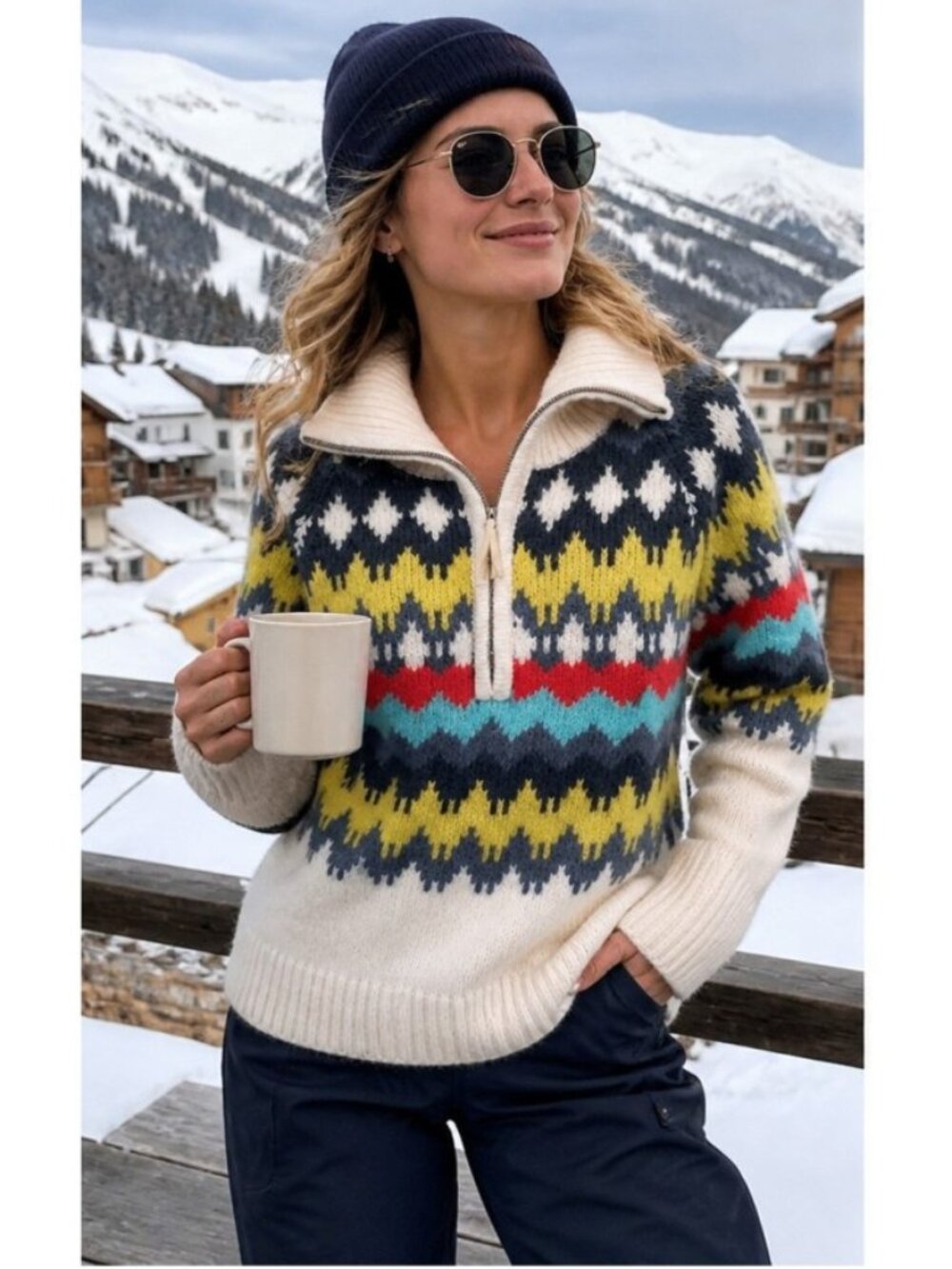 AERIE Fair Isle Half Zip Sweater Ivory Nordic Knit Pullover Oversized NWT Sz XS